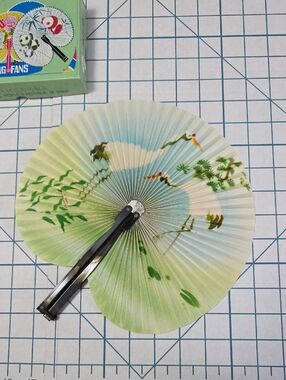 Chinese Paper Folding Hand Fan W/Metal Handle, VTG Mid-Century, #60